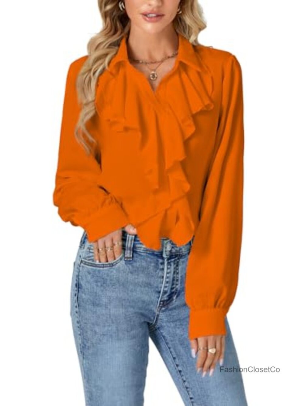 Ruffle Collar Button Down Long Sleeve Victorian Dressy Blouse